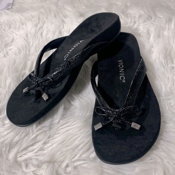 VIONIC Bella II Lizard embossed strap flipflop thong bow detail silvertone cap 8 - Picture 1 of 10